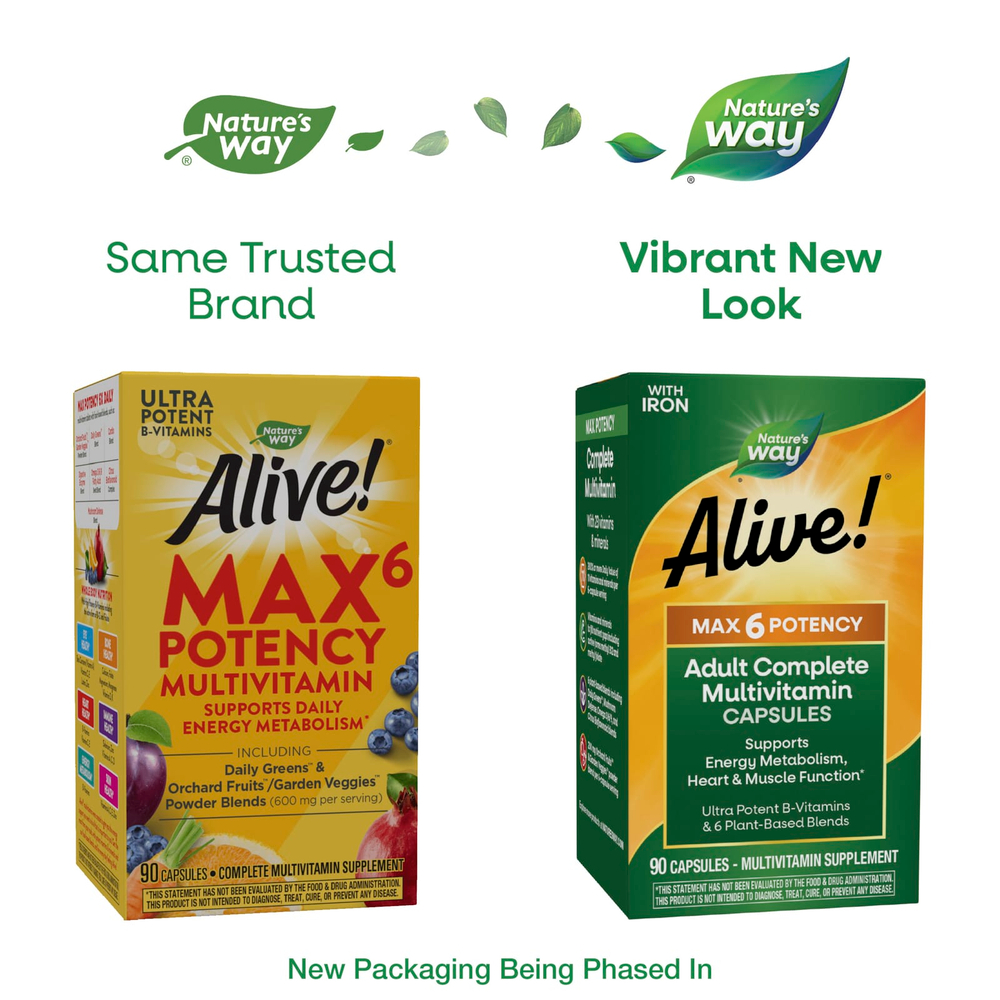 Nature's Way, Alive!® Max 6 Potency, полный мультивитаминный комплекс для взрослых, с железом, 90 капсул