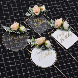 Топпер в металлической рамке «Happy Birthday» прозрачный с цветами, круглый