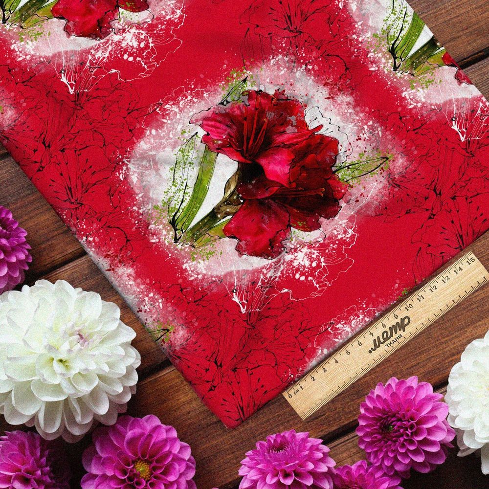 Ткань атлас цветы красные лилии