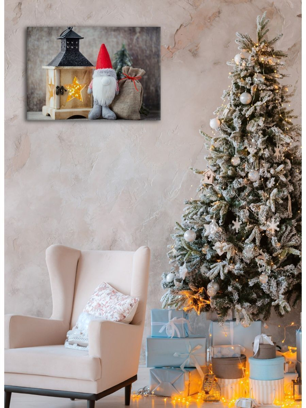 Картина на стекле, Подарок на Новый год, Картина на стену Рождественский гномик, 40х28см Декор для дома, подарок