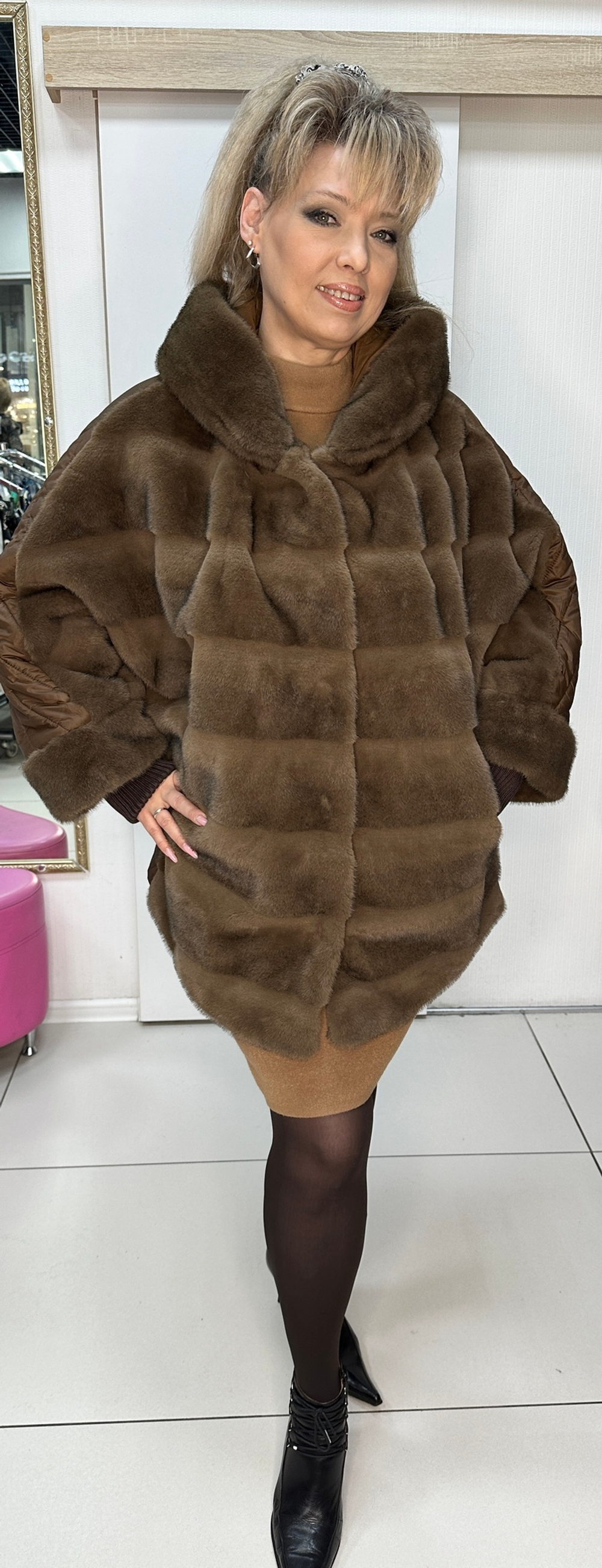 Комбинированная куртка-шубка из искусственного меха