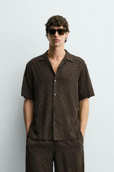 ZARА РУБАШКА JACQUARD С ГЕОМЕТРИЧЕСКИМ УЗОРОМ, КОРИЧНЕВЫЙ