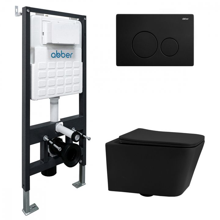 Комплект подвесной унитаз ABBER Rechteck AC1201MB черный матовый с инсталляцией AC0105 и кнопкой AC0121MB черный матовый
