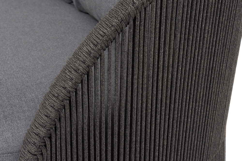 "Монтелла" диван 3-местный плетеный из роупа, каркас алюминий темно-серый (RAL7024) муар, роуп темно-серый круглый, ткань темно-серая 027