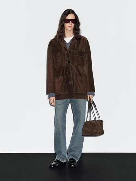 Massimo Dutti Замшевая куртка с карманами, коричневый
