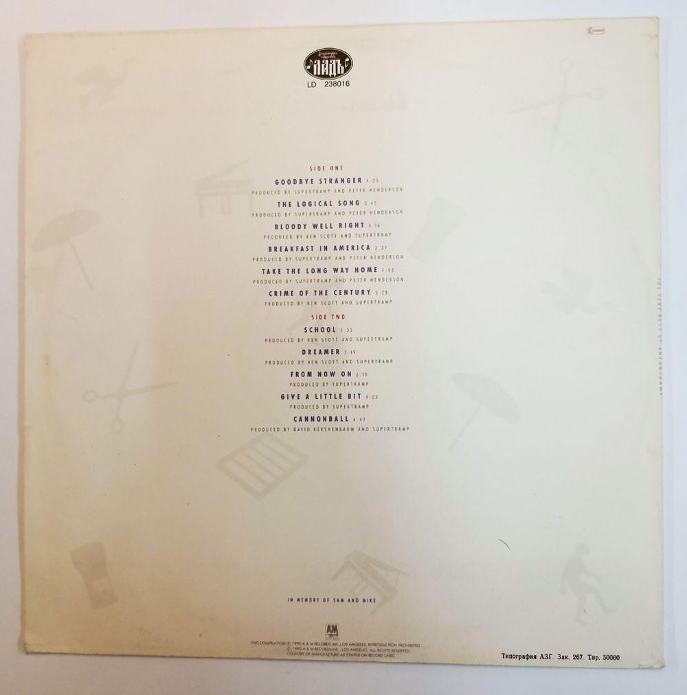 Винтажная виниловая пластинка LP Supertramp The Very Best Of Supertramp (Россия 1992)
