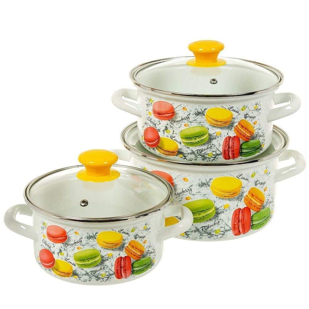 Набор эмалированной посуды 6 пр, кастрюли 1.5,2.3,3 л, Керчь, Цветное печенье-1-Экстра