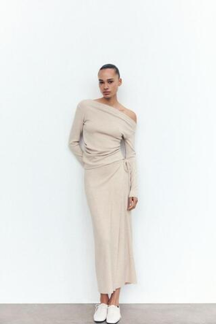 ZARA ЮБКА МИДИ, БЕЖЕВЫЙ