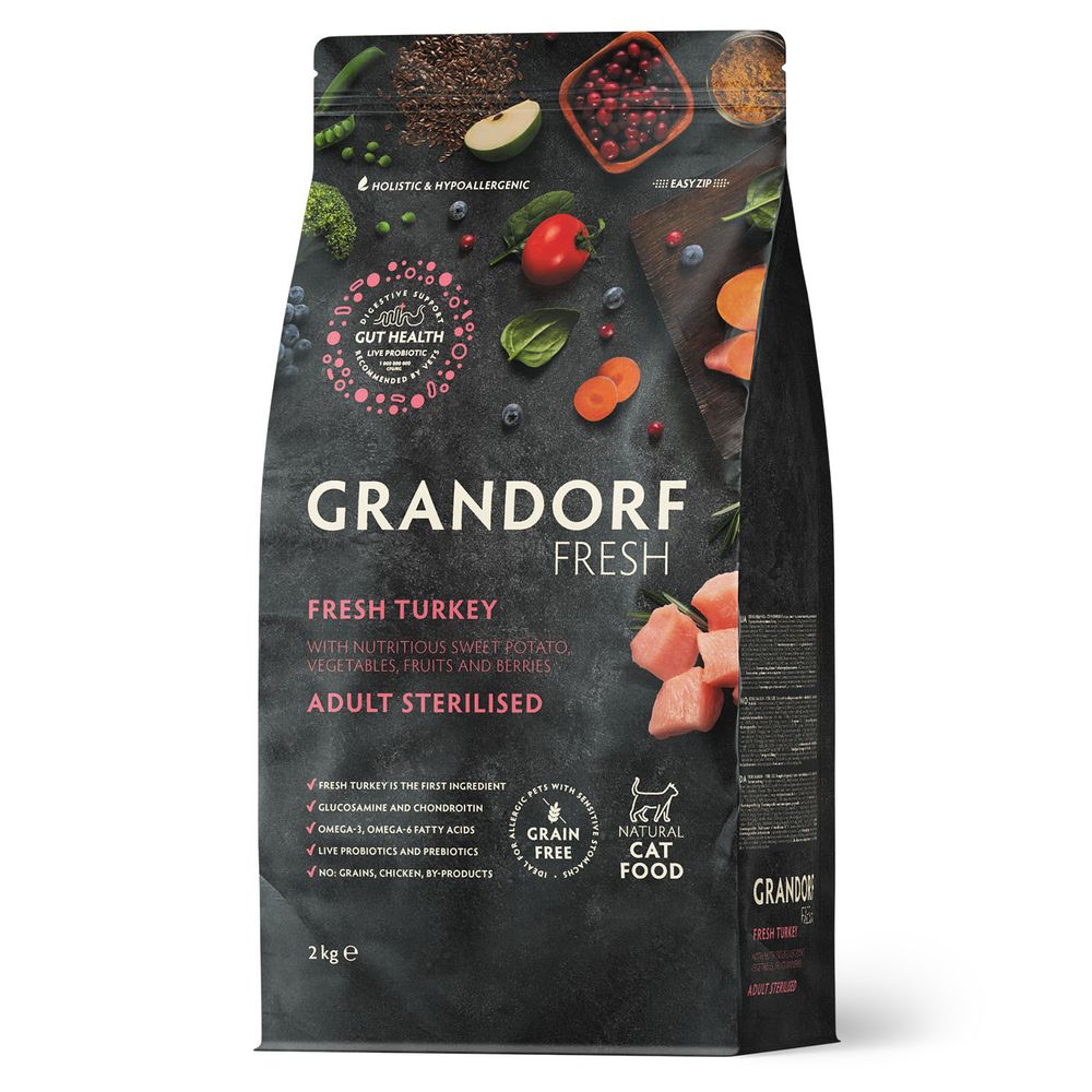 Беззерновой корм с живыми пробиотиками GRANDORF Fresh Cat STERILISED Turkey&amp;Sweet Potato Свежее мясо индейки с бататом для стерилизованных кошек 2 кг