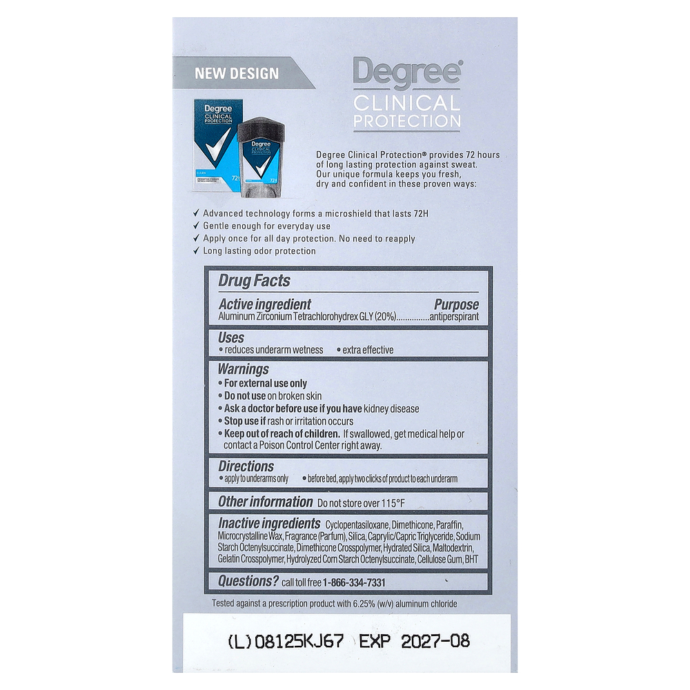 Degree, Clinical Protection, дезодорант-антиперспирант, мягкий твёрдый, чистый, 48 г (1,7 унции)