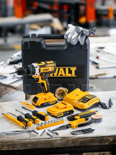 Дрель - Шуруповерт аккумуляторный DeWalt 21v, 2.0 А*ч / Кейс с набором инструментов, бит, свёрл, головок 30 предмета / Многофункциональный для сверления, закручивания , ударный 2 АКБ.