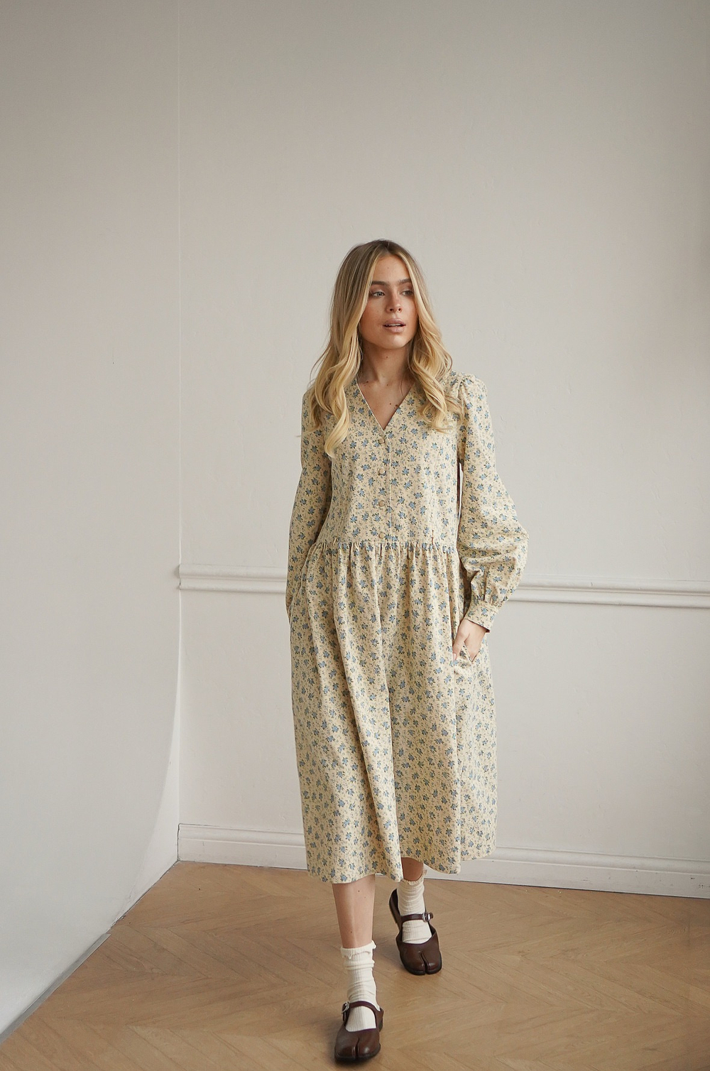 Платье Ева из фланели, Кремовый с голубыми цветами