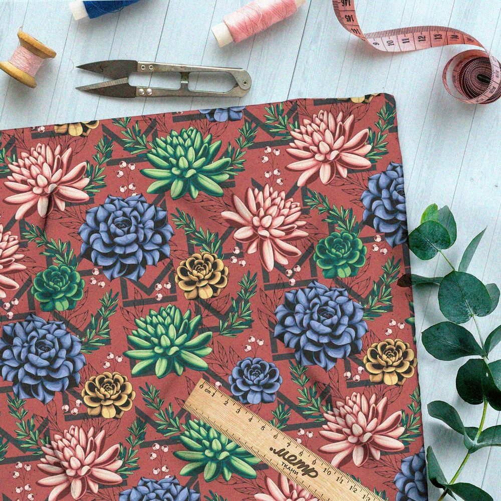 Ткань барби приглушённые георгины на коралловом фоне