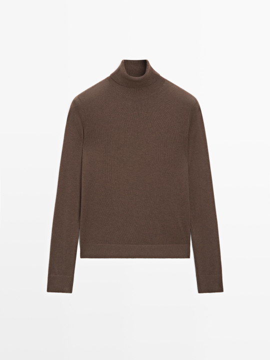 Massimo Dutti Свитер из смесовой шерсти с высоким воротником, коричневый