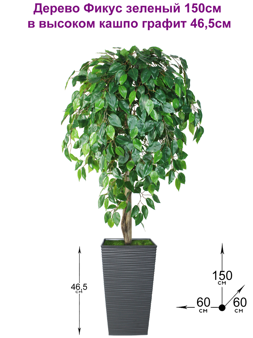 Искусственное дерево Фикус зеленый 150см в высоком кашпо графит 46 см