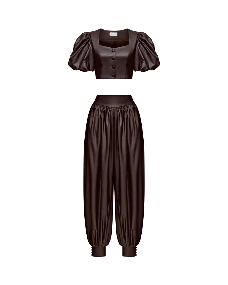 Шанель-Эви (Chanelle-Evie), комплект топ и брюки-шаровары из шоколадной экокожи