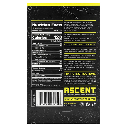 Ascent, Native Whey Protein Blend, Chocolate, 15 Packets, 1.16 oz (33 g) Each
