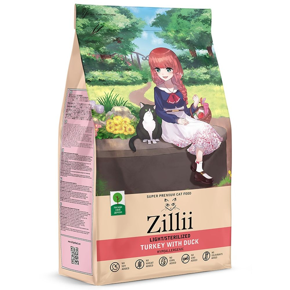 Сухой корм ZILLII Light/Sterilized Cat для взрослых стерилизованных кошек с индейкой и уткой, пакет