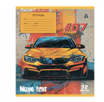 Тетрадь 12л., клетка, Alingar, скрепка, блок офсет, 100% белизна, мелованный картон (стандарт), "Auto", 5 дизайнов в пленке т/у