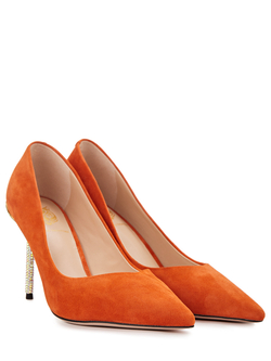 Женские туфли замшевые рыжие на каблуке со стразами
