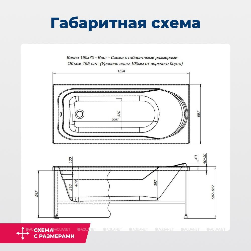Акриловая ванна Aquanet (Акванет) West 160x70 с каркасом