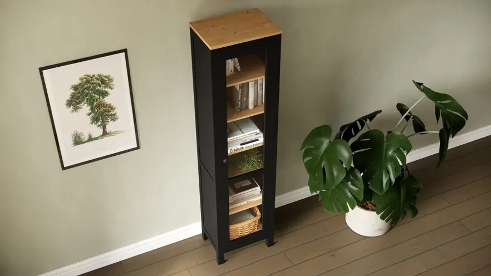Шкаф-витрина стекло/стекло - аналог IKEA HEMNES / ХЕМНЭС/ ХЕМНЕС / КЫМОР / ИКЕА 49х198х37 см, черный/светло-коричневый
