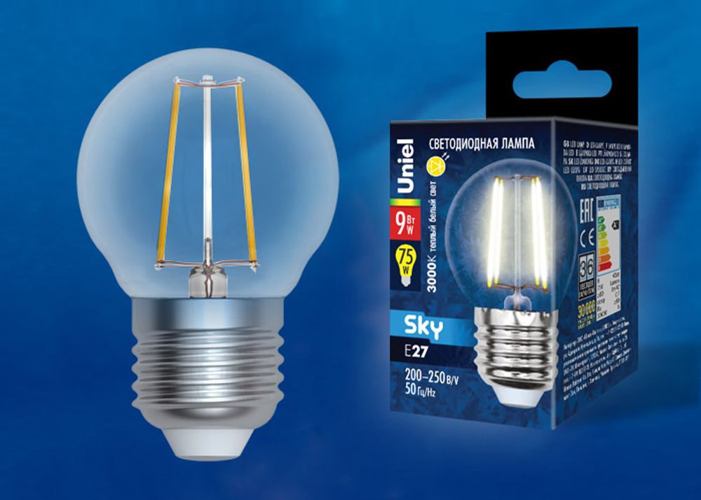 LED-G45-9W/3000K/E27/CL PLS02WH Лампа светодиодная. Форма шар, прозрачная. Серия Sky. Теплый белый свет (3000К). Картон. ТМ Uniel.