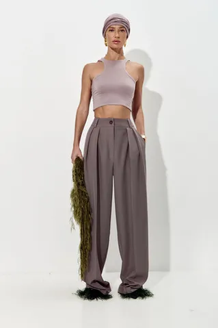 Брюки палаццо свободные с защипами цвета тауп