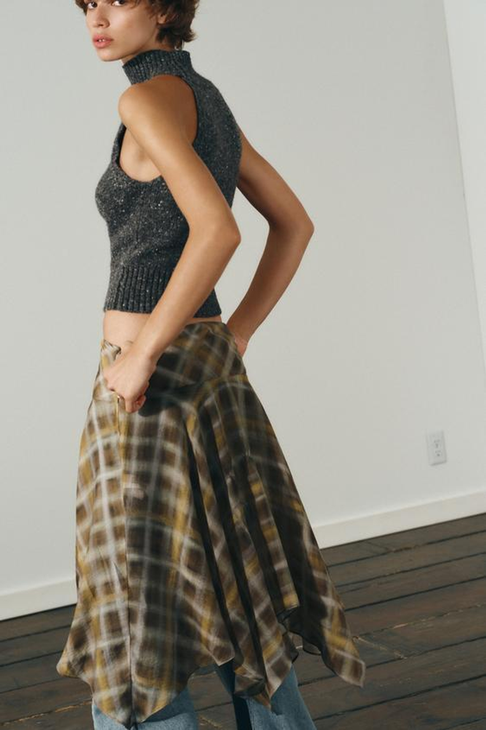 ZARA ЮБКА МИДИ В КЛЕТКУ, ХАКИ