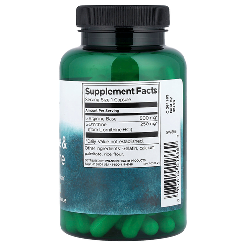 Swanson, L-аргинин и L-орнитин, 100 капсул