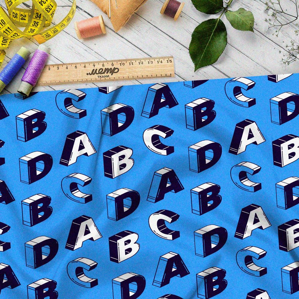 Ткань саржа объёмные буквы на синем фоне