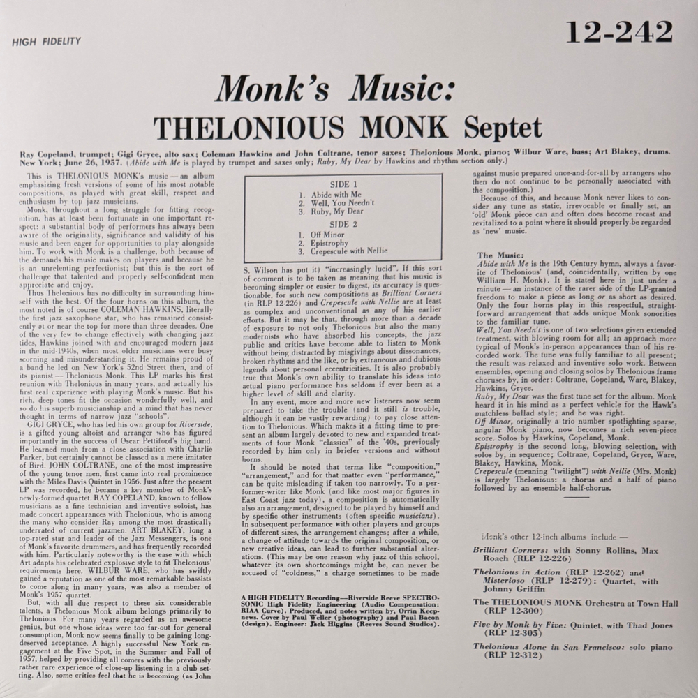 Виниловая пластинка Thelonious Monk Septet – Monk's Music LP