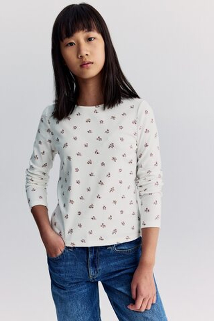 H&M Лонгслив из хлопка и джерси с длинными рукавами, белый