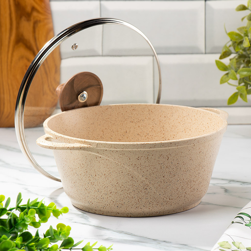 Кастрюля алюм, антиприг, 3 л, с крыш, крыш стекло, кругл, Гурман, Estima, ГМк303 ЭБИ, беж, индукц