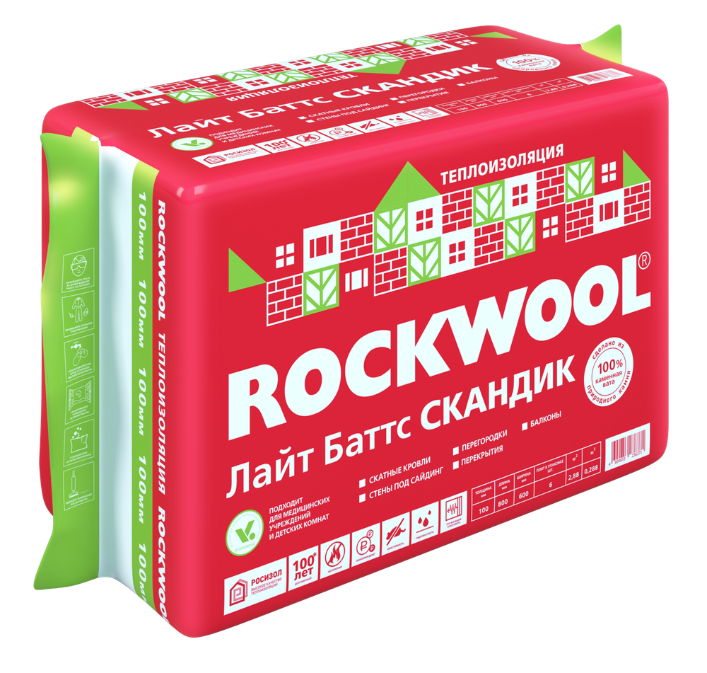 Плита Rockwool Лайт Баттс Скандик 800х600х100 (0,288м3=2,88м2)уп