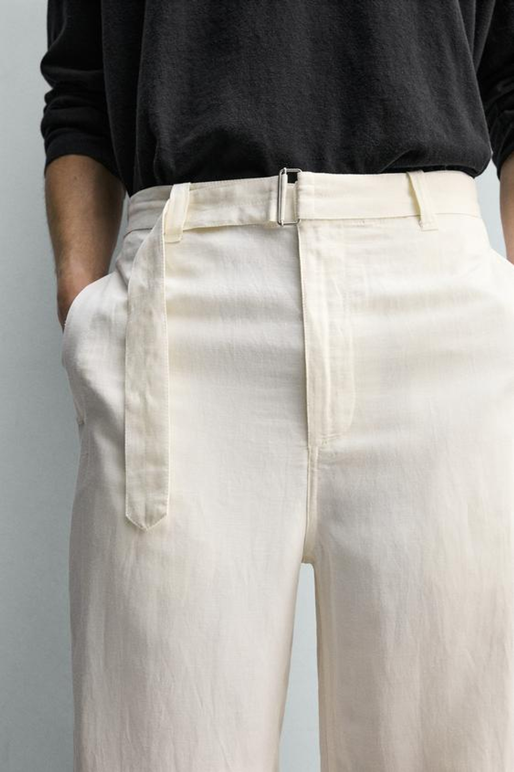ZARA БРЮКИ RELAXED FIT ИЗ ВИСКОЗЫ И ЛЬНА С РЕМНЕМ, ЭКРЮ