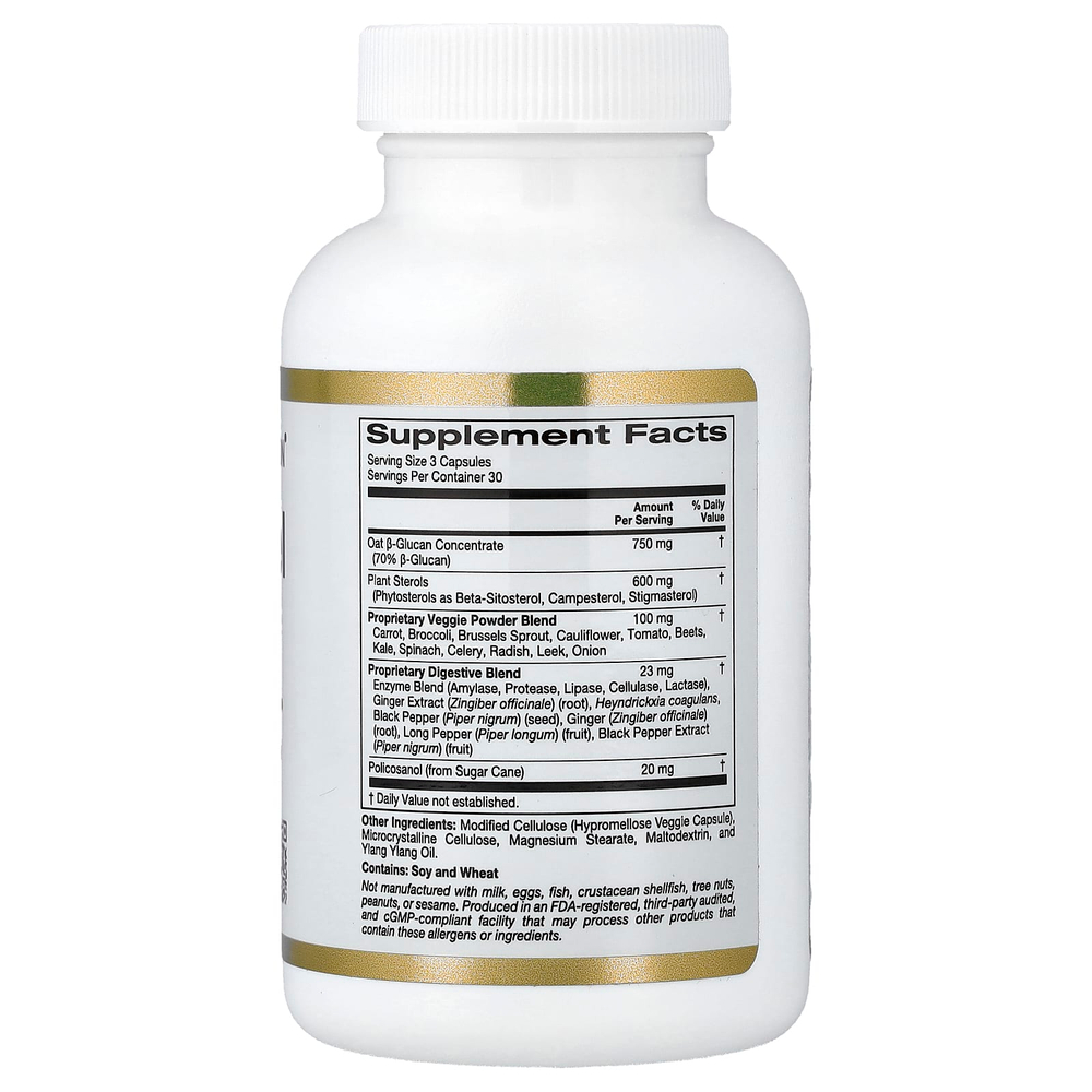 California Gold Nutrition, добавка для поддержки уровня холестерина, с концентратом овсяного бета-глюкана, растительными стеролами, смесью овощей и пищеварительной смесью, 90 вегетарианских капсул