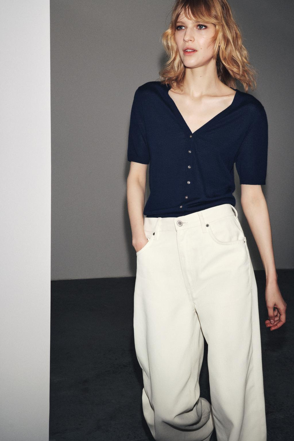 ZARA КАРДИГАН ИЗ 100% СВЕРХТОНКОЙ ШЕРСТИ С КОРОТКИМИ РУКАВАМИ, МОРСКОЙ СИНИЙ