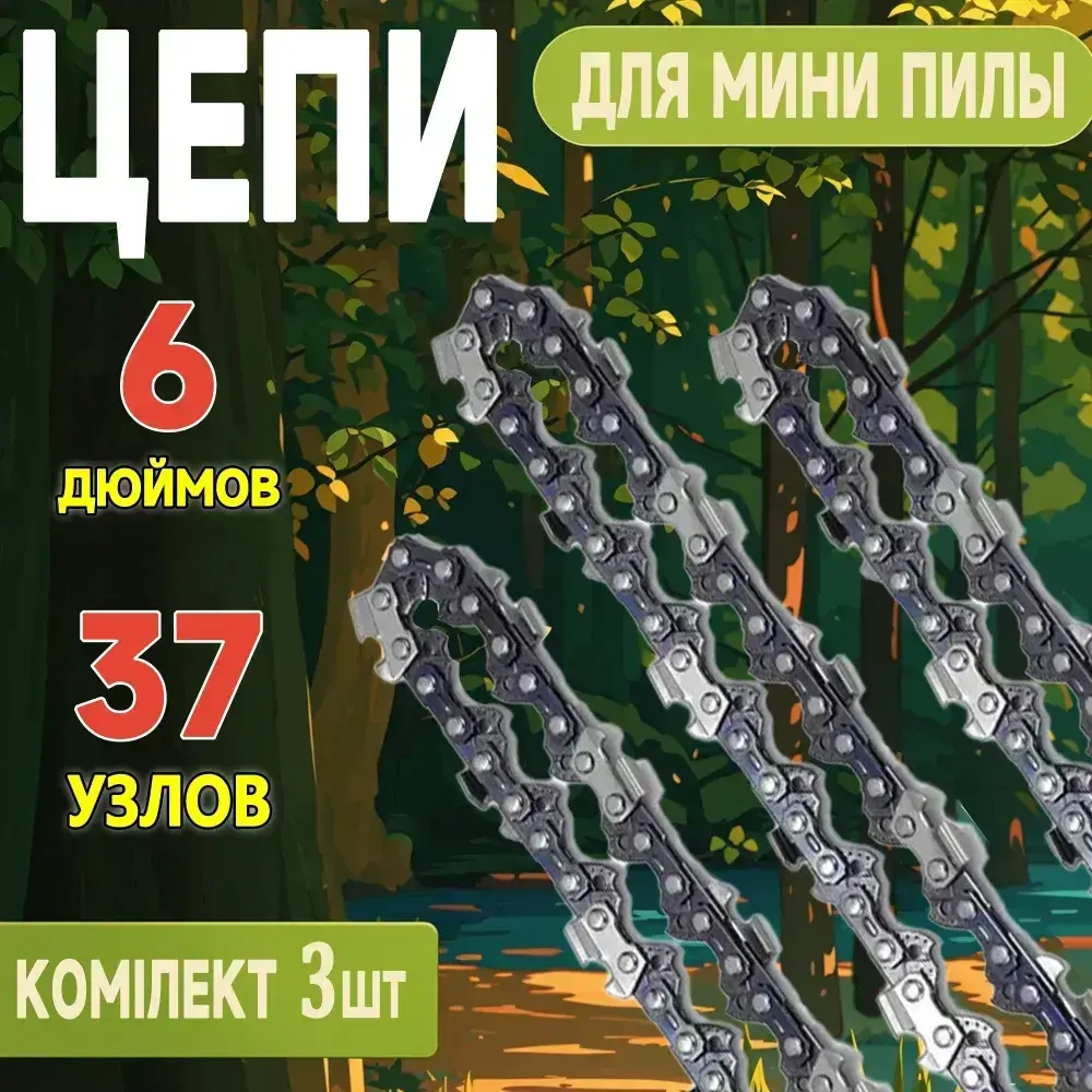 Цепь для мини пилы 6 дюймов, шаг 1/4" 37 звеньев(3 шт.)