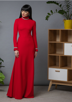 Длинное платье из крепа силуэт-рыбка красное 16-03-23 FW
