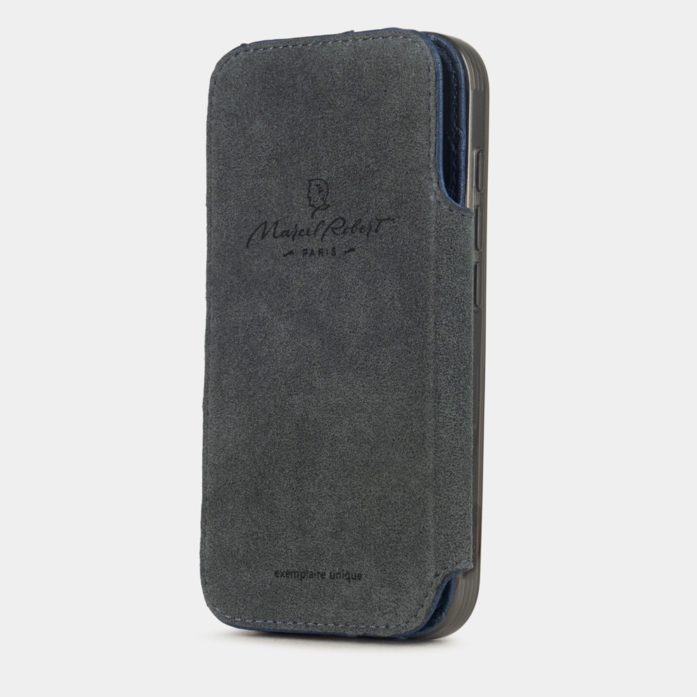 Чехол-книжка кожаная для iPhone 17 Pro, страус синего цвета