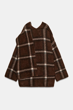 ZARA КОРОТКОЕ ТРИКОТАЖНОЕ ПАЛЬТО С ШАРФОМ В КЛЕТКУ, КОРИЧНЕВЫЙ