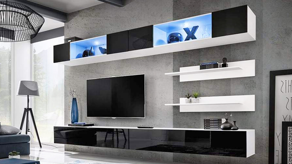 Гостиная 3 МДФ (черная) / Белый Фасадный 0101 320*40*180 см, Черный, Белый Фасадный   Фиеста