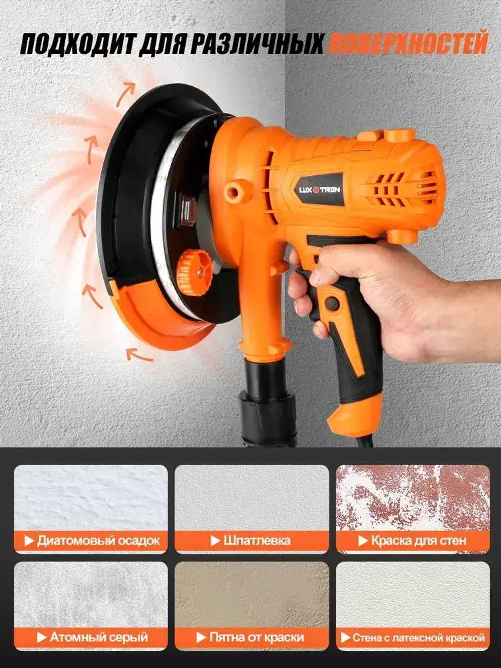 Шлифовальная машинка для стен и потолков Luxotron, 900Вт, 1400 - 2700 об/мин, 12 штук шлифовальных бумаг, 4 м сетевой шнур, LED