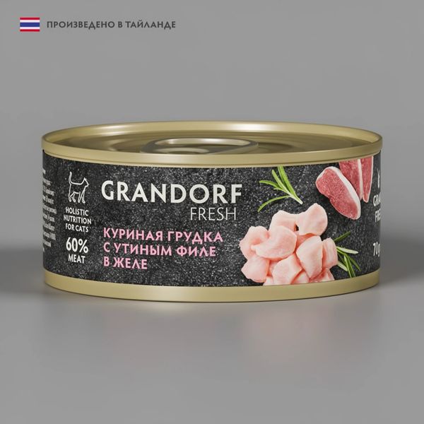 Консервы GRANDORF Fresh для кошек и котят, куриная грудка с утиным филе в желе
