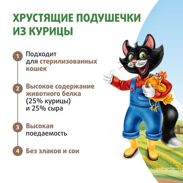 Лакомство Ферма кота Федора для кошек и котят, хрустящие подушечки с паштетом из курицы