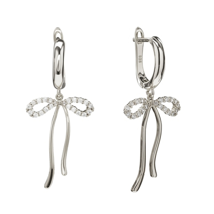 Серьги Подвески Бантики с Фианитами, silver