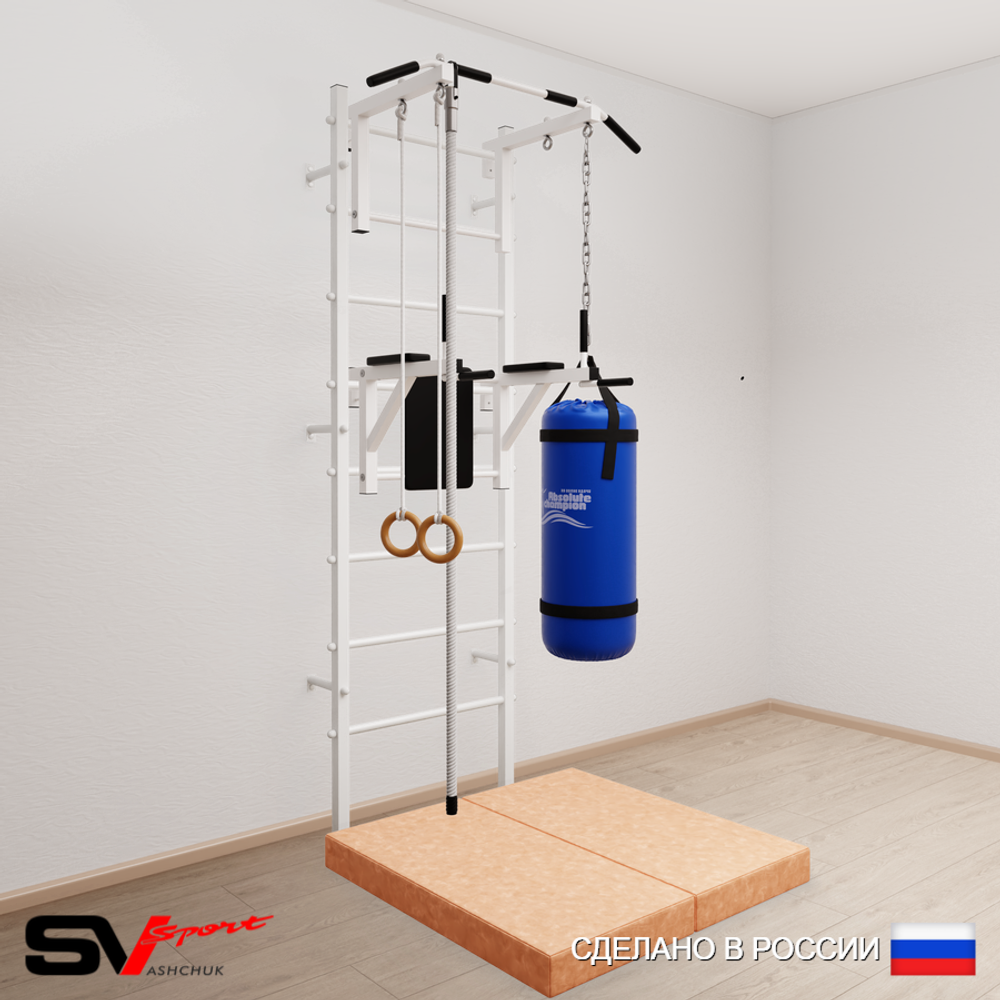 Шведская стенка Sv Sport усиленная 6746 (Турник стандарт/Брусья/Канат/Кольца/Цепь/Мешок 22кг/Мат 1м)