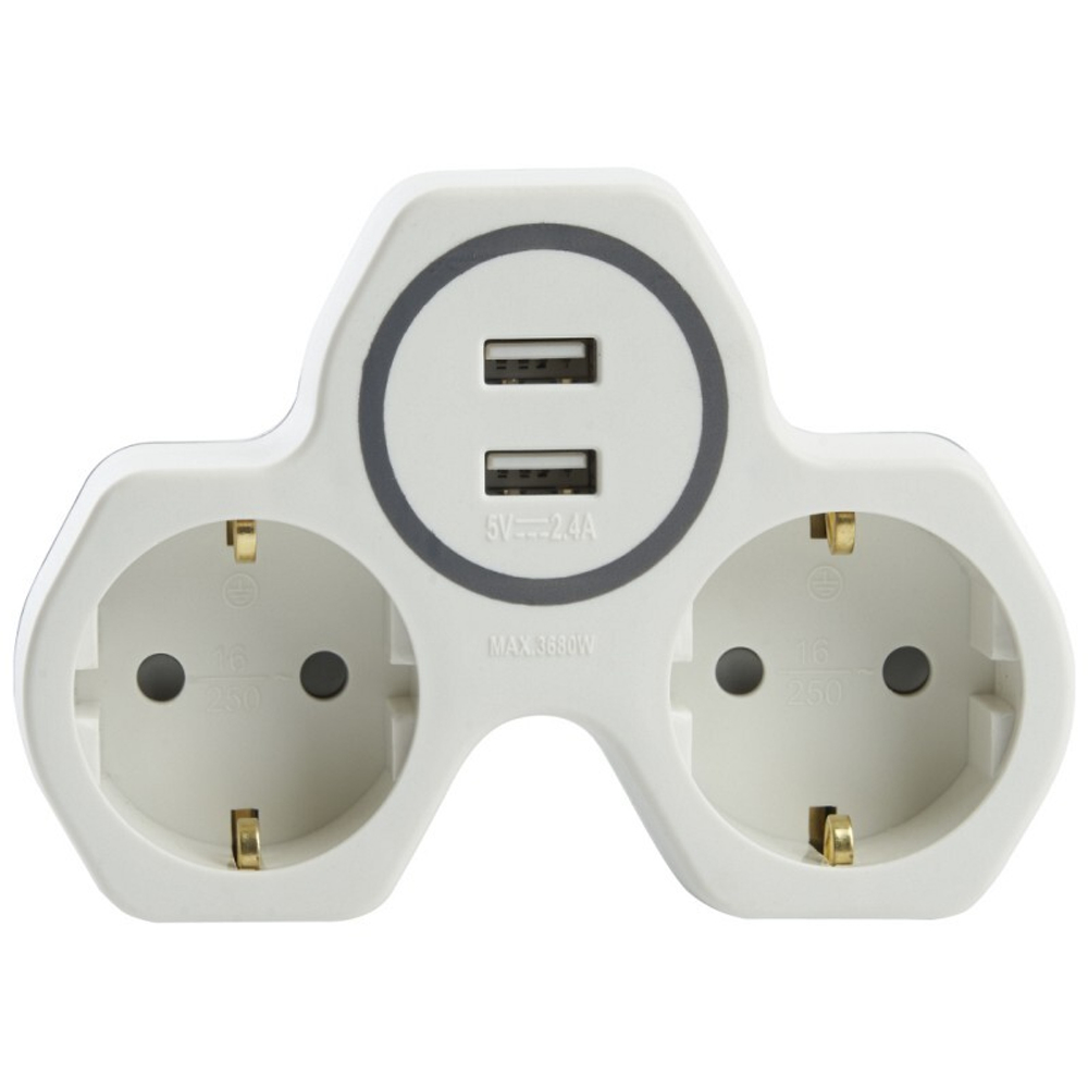 Разветвитель сетевой 2-местный и(C)2-мя выходами USB. с/з. ADP16-14-20. белый/серый