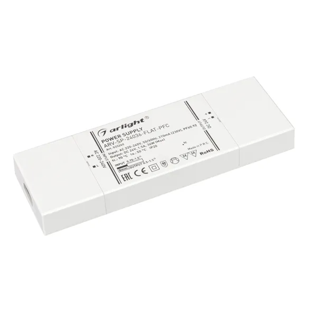 Блок питания ARV-SP-24036-FLAT-PFC (24V, 1.5A, 36W) (Arlight, IP20 Пластик, 5 лет) 033260